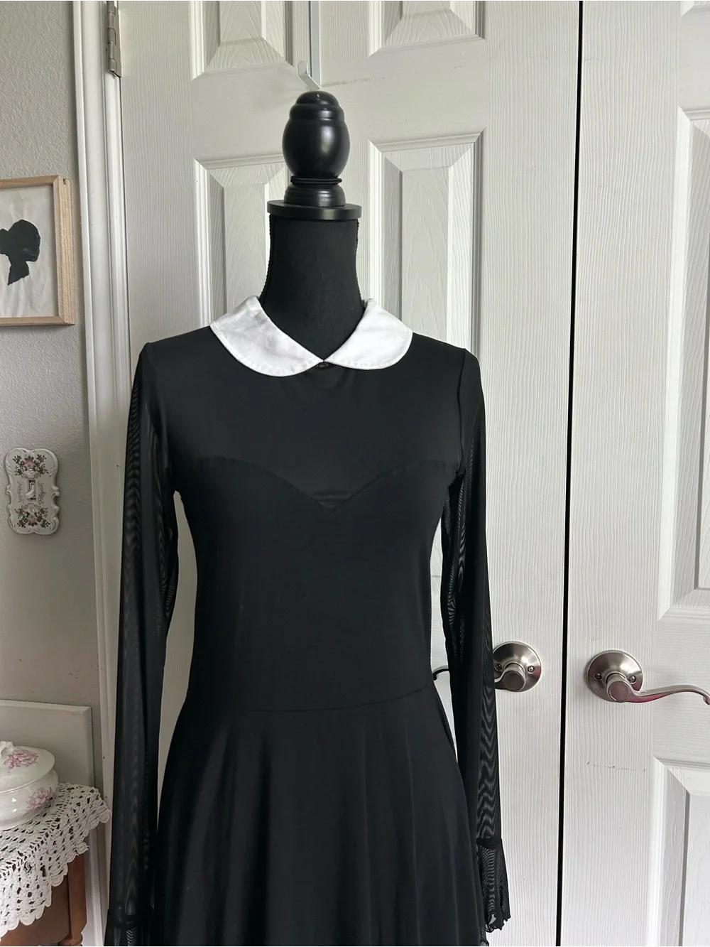 Dolls Kill | Current Mood white collared black mesh long sleeve mini dress - Picture 2 of 9